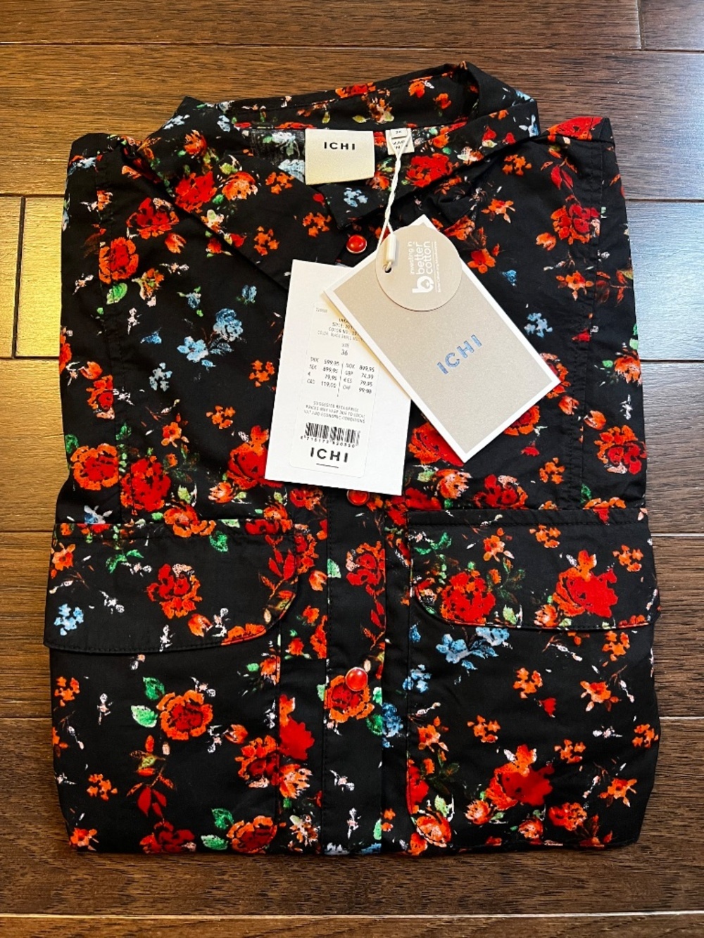 ICHI Kalo Floral Puff Sleeve Cotton Mini Shirt Dress NWT Sz 36 / US Small - Picture 6 of 8